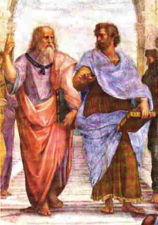 Immagine: Platone e Aristotele : uno col dito proteso verso il cielo e il mondo delle idee , l'altro con la mano indicante il mondo terreno 